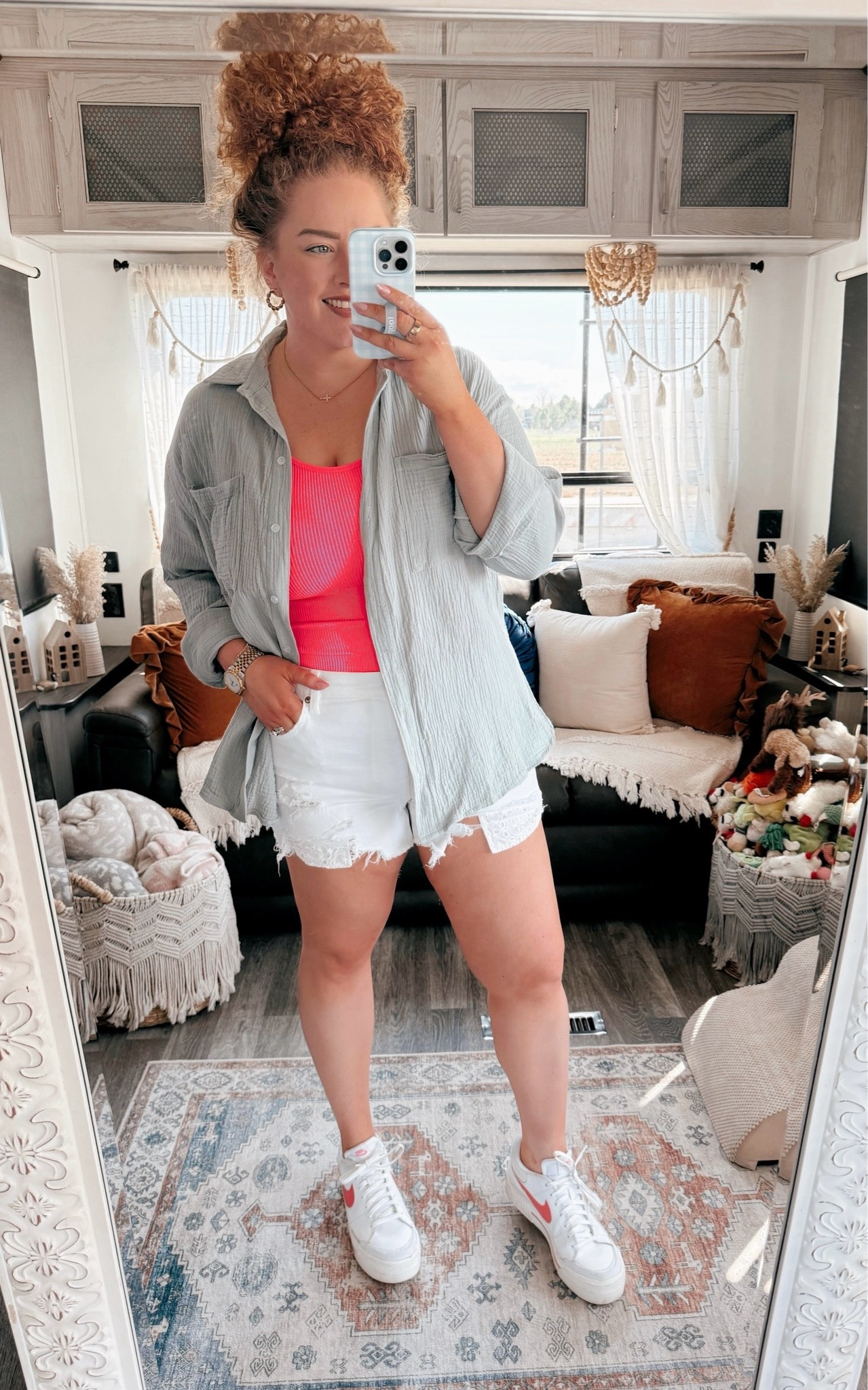 Bright + easy everyday layers for a casual warm weather day ☀️💖 blue gauze button down | amazon fashion | hot pink tank top | amazon tank top | white shorts outfit | american eagle shorts | white nike sneakers | casual summer outfit | colorful outfit idea | layered summer look | easy everyday outfit | comfy cute outfit | bright color outfit | laid back style | warm weather outfit ✨

#LTKootd #LTKgrwm #LTKdayinmylife