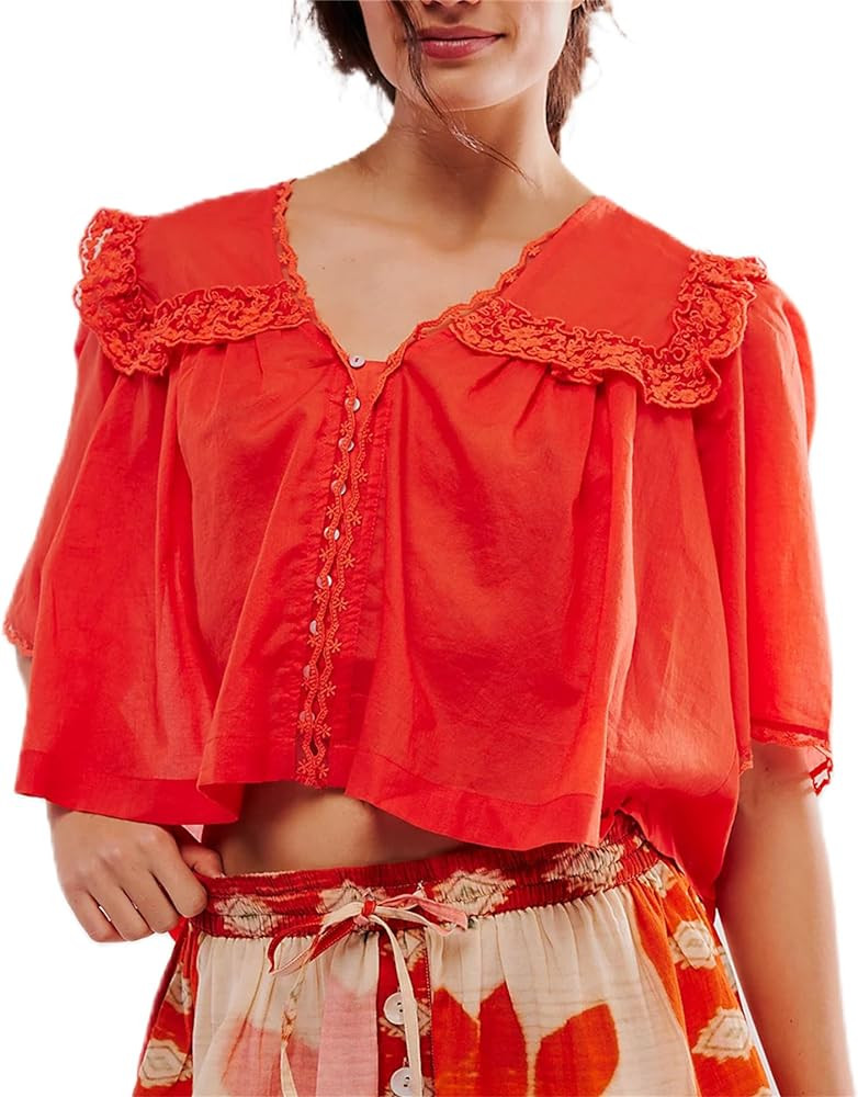 Hassembly Women Summer Cute Chiffon Shirt Low Cut V-Neck Short Sleeve Ruffle Trim Blouse Y2K Goin... | Amazon (US)