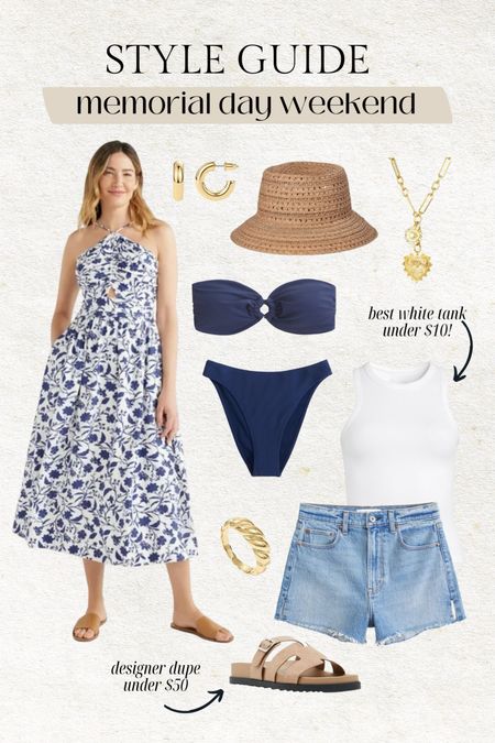 Memorial Day weekend style guide 🇺🇸 this blue and white stripe dress is so cute and flattering and under $50! Would be perfect for summer weddings and vacations too. This high neck white tank top is one of my favorites and under $10!

Wedding guest dress, summer vacation dress, denim shorts, blue bikini, bucket hat, white tank top, gold necklace, Abercrombie, Walmart, Christine Andrew  

#LTKWedding #LTKSwim #LTKFindsUnder50
