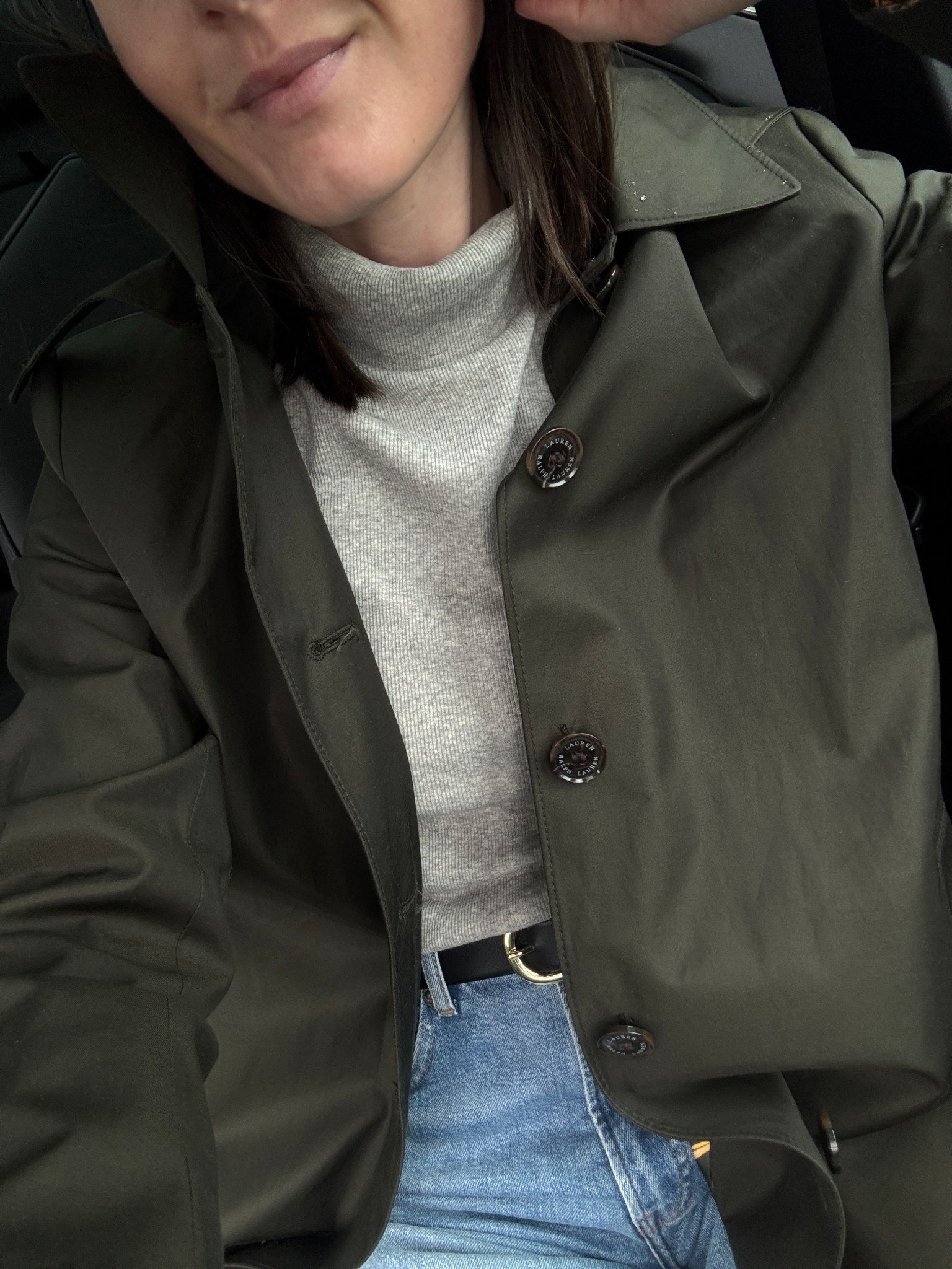 Rainy day vibes 🤍 I love this olive green rain coat! I got it in a medium 

Light wash denim | grey turtleneck | trench coat outfit | rainy day outfit | ootd | outfit of the day 

#LTKootd #LTKgrwm