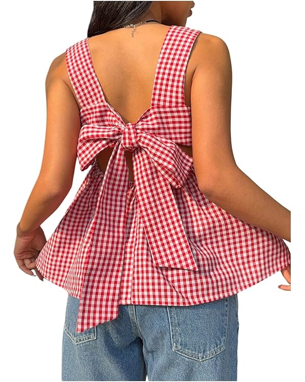 WDIRARA Women's Square Neck Tie Back Tank Top Plaid Peplum Babydoll Tops | Amazon (US)