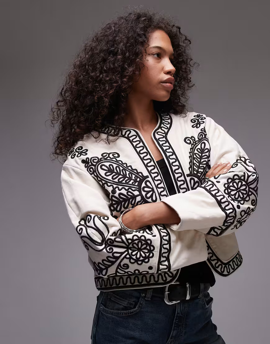 Mango embroidered detail jacket in white | ASOS (Global)