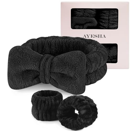 Ayesha Spa Headband and Wristband Set for Skincare Washing Face,Makeup Headband Wrist Cuffs for Preppy Skincare Get Ready Headband for Women Girl(Black set) | Amazon (US)