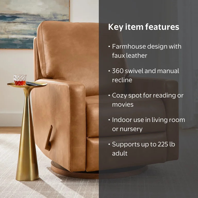 Better Homes & Gardens Modern Farmhouse Swivel Glider Recliner, Camel Faux Leather | Walmart (US)