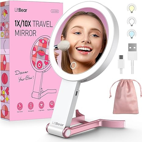 LitBear Travel Makeup Mirror with Lights, Rechargeable Double-Sided 10X/1X Magnifying Mirror, Por... | Amazon (US)