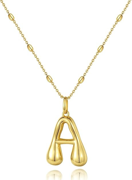 KissYan Bubble Letter Necklace,14K Gold Plated Balloon Initial Pendant with Bead Chain Dainty Jew... | Amazon (US)