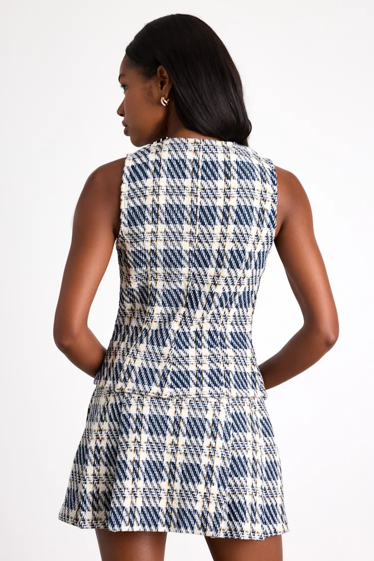 Harlaw Navy Plaid Tweed Asymmetrical Vest Top | Lulus