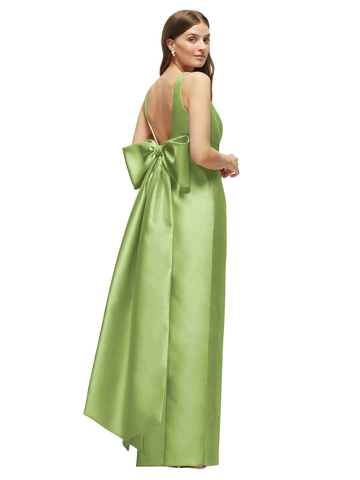 Scoop Neck Corset Satin Maxi Dress with Floor-Length Bow Tails in Mojito | The Dessy Group