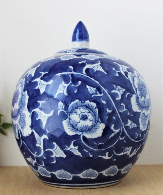 Large Vintage Ginger Jar w/ Lid Blue & White Chinese Round Ceramic Porcelain Hand Painted Floral ... | Etsy (US)