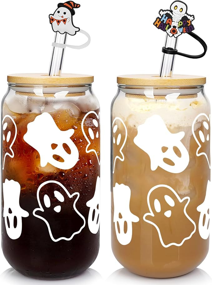 ANOTION Halloween Mugs - 18oz Halloween Ghost Decorations Glass Cups Tumbler for Iced Coffee, Gla... | Amazon (US)