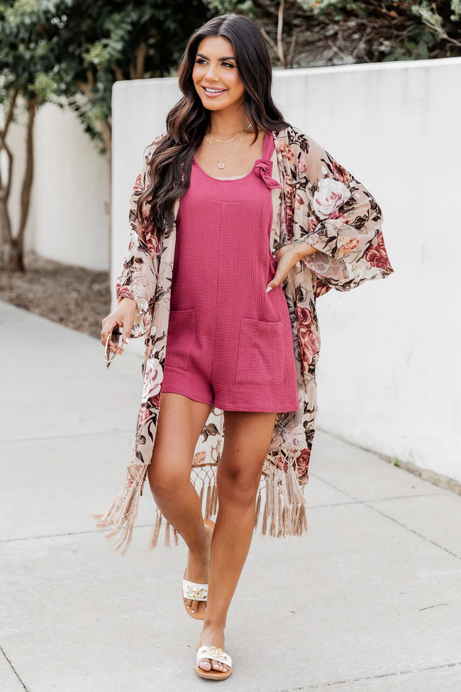 Unapologetically You Beige Velvet Floral Fringe Hem Kimono | Pink Lily