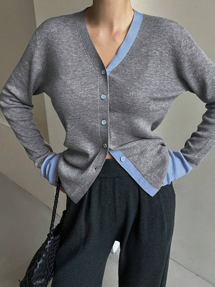 DAZY Women V-Neck Color Block Cardigan, Casual And Stylish For Everyday Wear,Fall Clothes | SHEIN