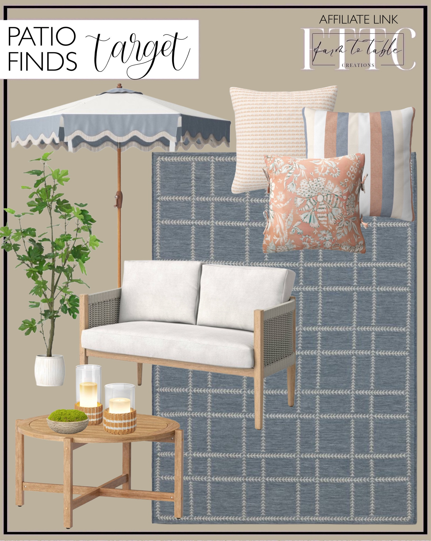 Target Patio Finds. Follow @farmtotablecreations on Instagram for more inspiration.

Outdoor Throw Pillow. Woven Outdoor Area Rug. Pasadena Patio Loveseat Gray. Artificial Fig Tree. Outdoor Coffee Table. String Lights. Glass and rattan lanterns. Artificial Moss in Textured Pot. Scalloped fringe outdoor patio umbrella.

Patio Furniture | Outdoor Decor | Bookshelf Decor | Bedroom Space | Cozy Corner | Bathroom | Curated Entryway | Spring  Decor | End of Year Clearance | Trending Decor | Viral Decor | Amazon Holiday | Bedroom corner | Coffee Table Decor | Neutral Decor | Fall Stem Sale | Target Finds | Skinny Bench | Bedroom | Living Room | Breakfast Nook | Amazon Home | Target Sale | Loloi Rugs | Magnolia Home | console table | console table styling | faux stems | entryway space | front porch decor | neutral decor | entryway decor | cozy home | affordable decor |  home decor | home inspiration | console styling | entryway rug | cozy moody home | moody home decor | neutral home | bathroom decor | living room | spring decor | Hearth & Hand | Studio McGee




#LTKSeasonal #LTKFindsUnder50 #LTKHome