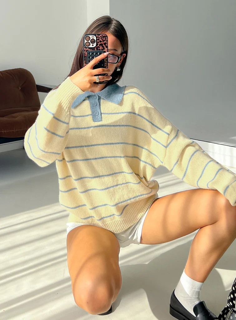 Minda Collared Knit Sweater Yellow Stripe | Princess Polly US