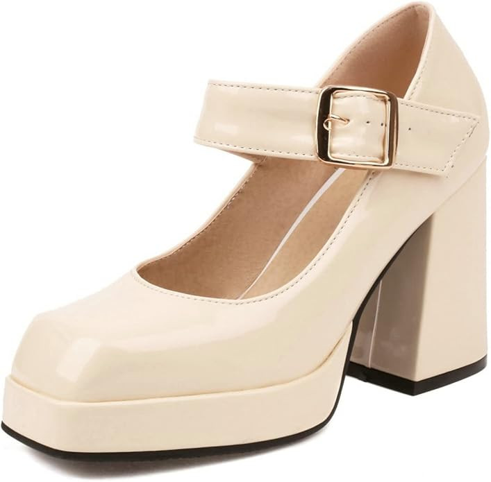 KISSASA Platform Mary Janes Chunky High Heel Square Toe Block Heeled Ankle Strap Patent Pumps | Amazon (US)