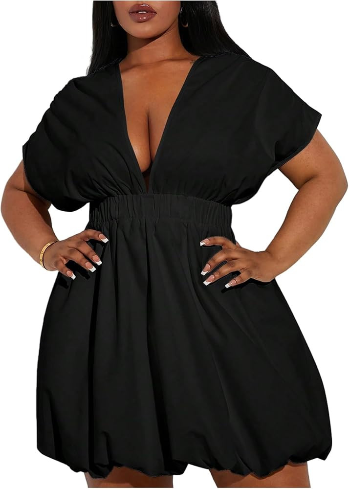 WDIRARA Women's Plus Size Deep V Neck Bubble Mini Dress | Amazon (US)