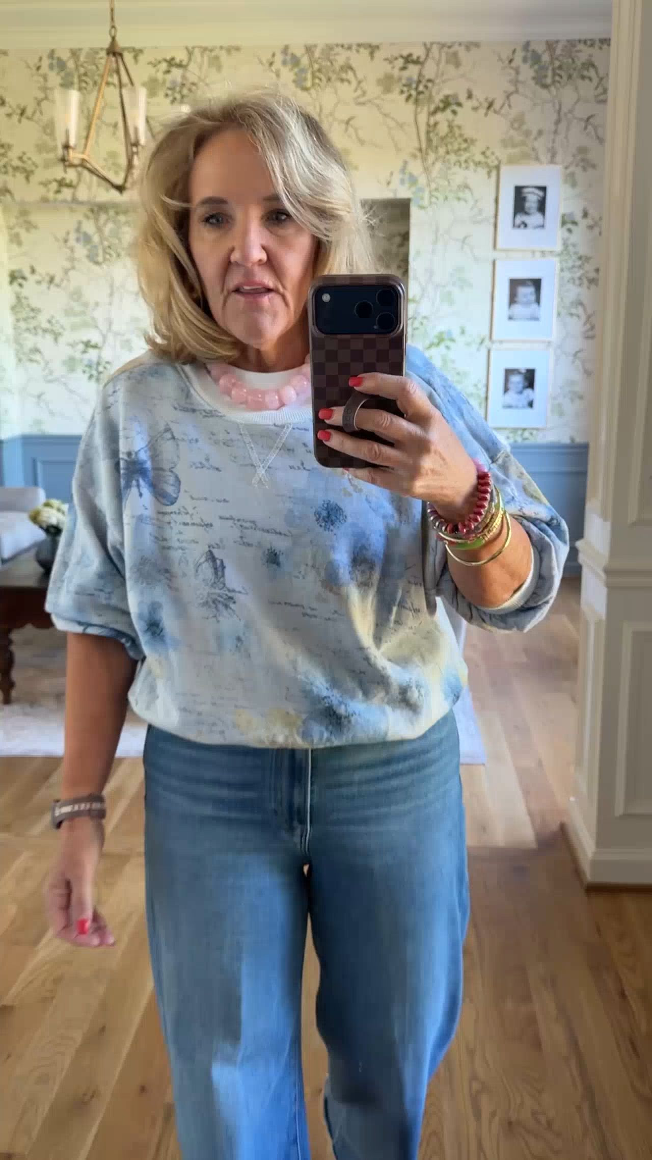 Sunday afternoon style. It’s turned chilly so jeans and a sweatshirt it is, only a bit extra!
Sweatshirt is the ivory floral option. Several available. Size medium
Jeans are premium denim the Paige Anessa wide leg in a 29 petite. You could also get the regular length and cut the raw hem. Linking a few options so check for you size and best price.
Bauble bar necklace 20% off
Bracelet stack medium size on bangles code NANETTE20 20% off your Allie & Bess order! 

 #LTKootd #LTKOver40 #LTKSaleAlert