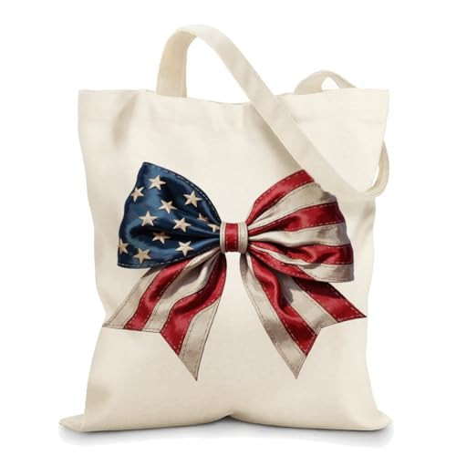 4th of July Bow Canvas Tote Bag，American Patriotic Flag Bow Independence Day Red White and Blue Gifts for Women Wife Reusable Shoulder Tote Bag for Grocery Shopping Travel Work, with Inner Pocket | Amazon (US)