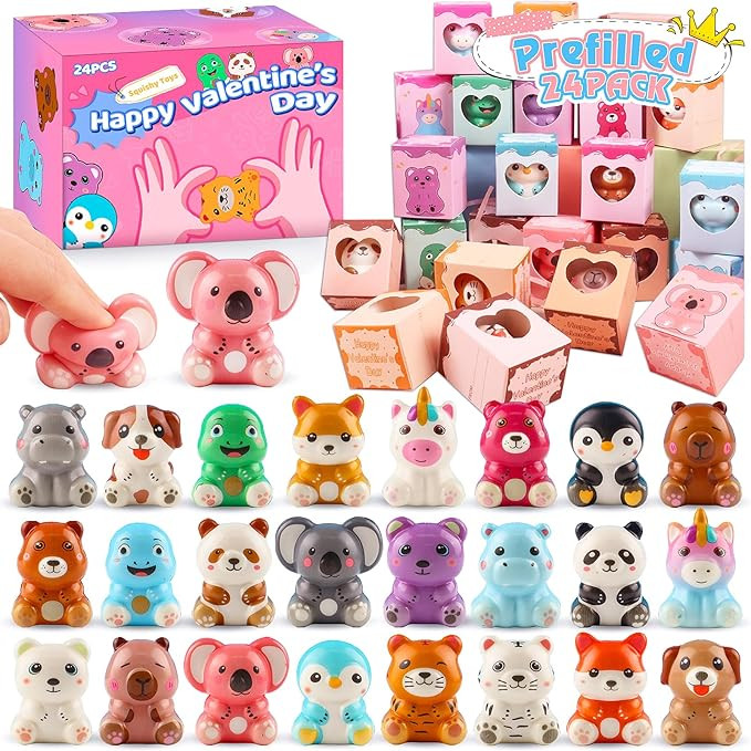 KissFuture Valentines Day Gifts for Kids, 24PCS Prefilled Valentines Box with Animal Squishy Toys... | Amazon (US)