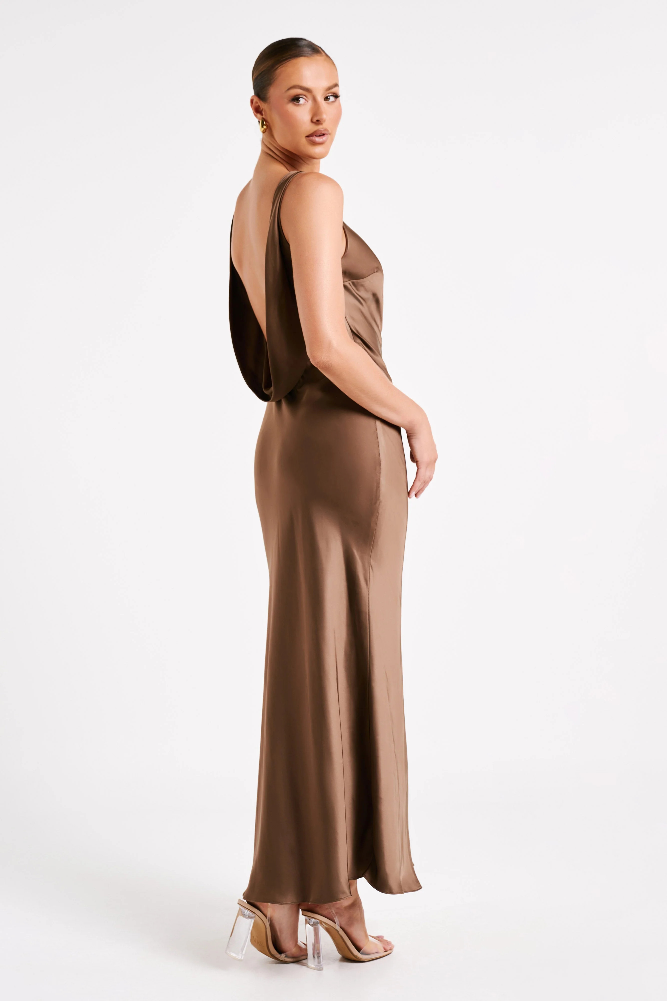 Gemima Satin Maxi Dress With Split - Mocha | MESHKI US