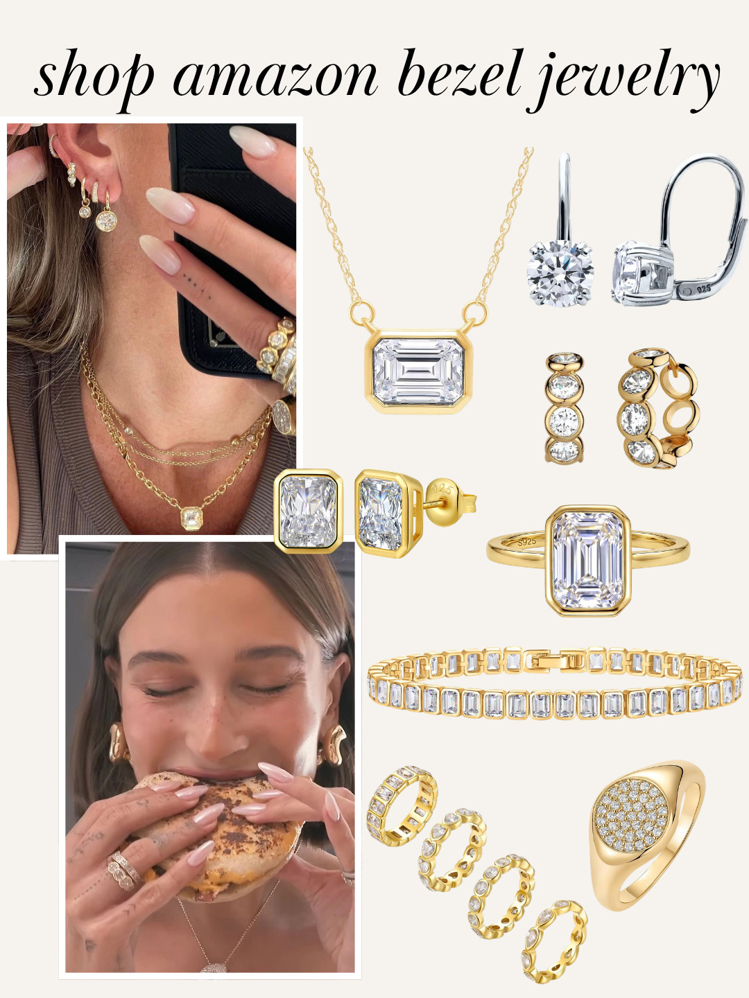 Hailey Bieber inspired bezel jewelry from Amazon! Bezel earrings, bezel necklace, bezel rings, bezel bracelet 

 