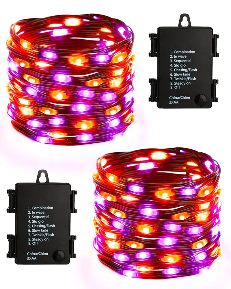 Brizled Purple & Orange Halloween Lights, 2 Pack 17.38ft 50 LED Battery Operated Halloween Lights... | Amazon (US)