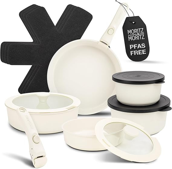 Moritz & Moritz Moritz & Moritz 15-Piece Cast Aluminum Pot and Pan Set Cream Non-Stick, Non-Toxic... | Amazon (US)