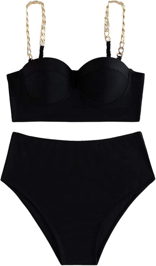 SheIn Women's 2 Piece Swimsuit Solid Chain Linked Push Up Bikini Bathing Suits | Amazon (US)