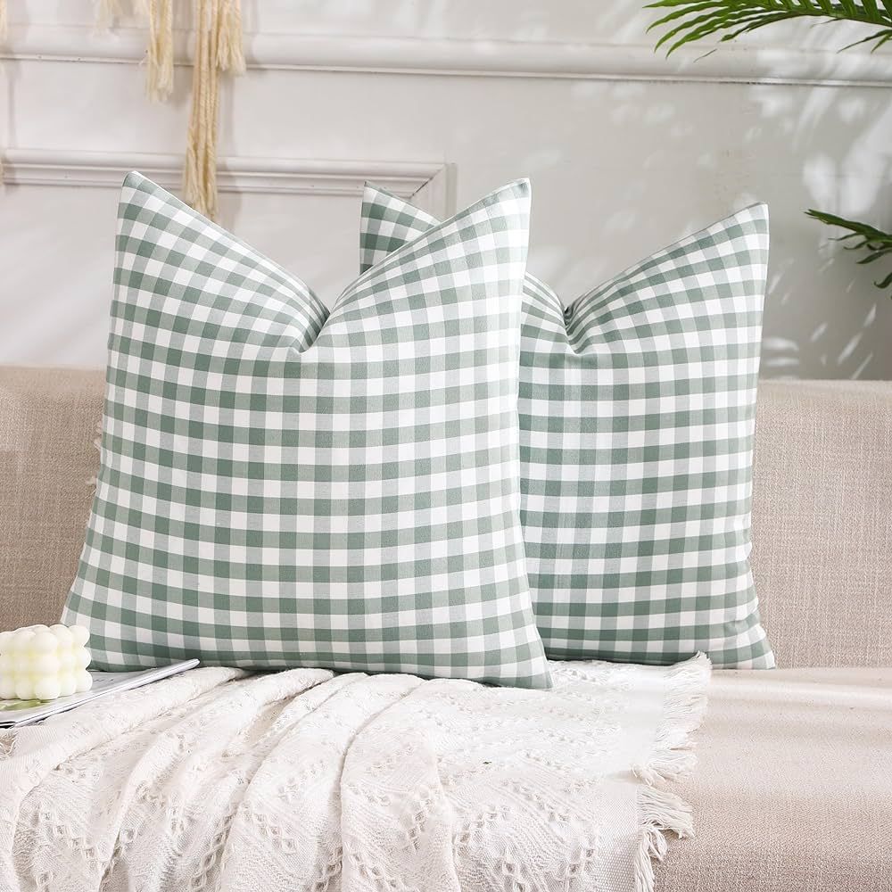 CARRIE HOME Set of 2 Farmhouse Sage Green Gingham Throw Pillow Covers 18x18 Checkered Plaid Decor... | Amazon (US)