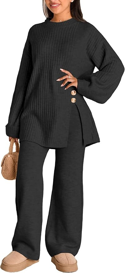 Womens Sweater Sets 2 Piece Outfits round neck Pullover Wide Leg Pant Slouchy Loungewear | Amazon (US)