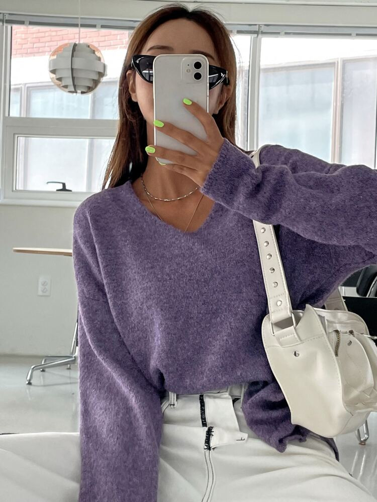 DAZY Solid V-neck Drop Shoulder Sweater | SHEIN