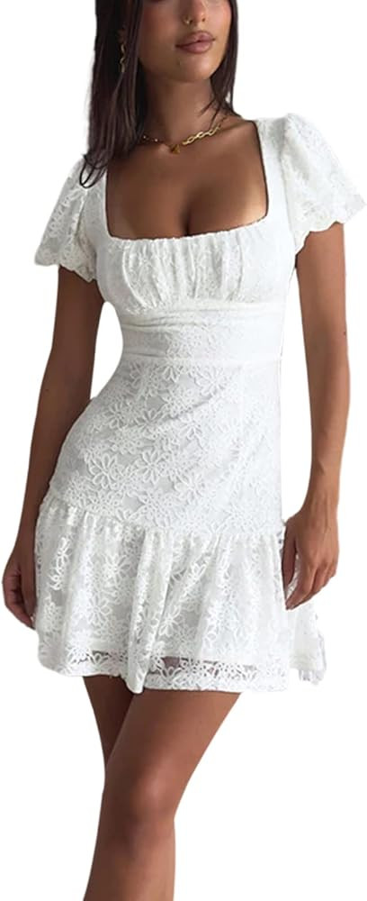 White Graduation Mini Dress for Women 2023 Elegant A Line Flowy Fariy Short Dress Sweet Cute Coun... | Amazon (US)