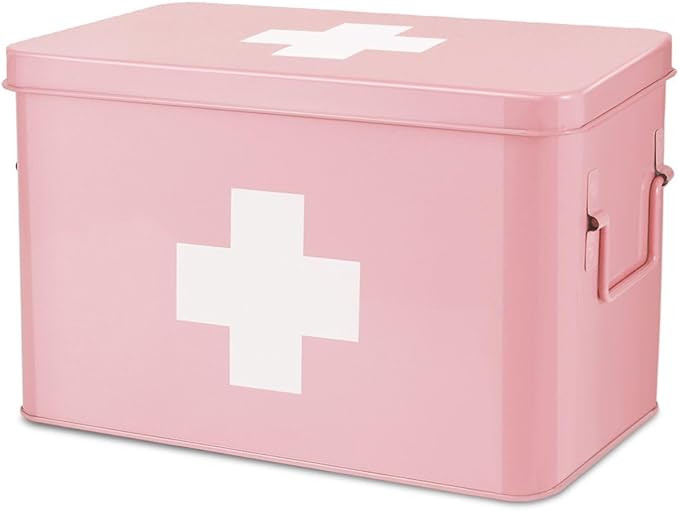 Flexzion First Aid Box Organizer Empty 13" Pink Vintage First Aid Kit Tin Metal Medical Box - Fir... | Amazon (US)