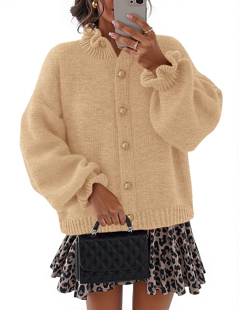 MEROKEETY Women's Fall 2025 Chunky Cardigan Sweaters Trendy Ruffle Button Down Long Sleeve Casual... | Amazon (US)