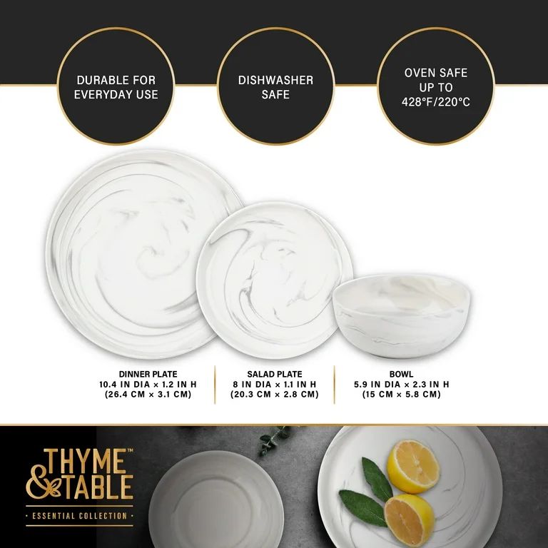 Thyme & Table Dinnerware Grey Marble Stoneware, 12 Piece Set - Walmart.com | Walmart (US)