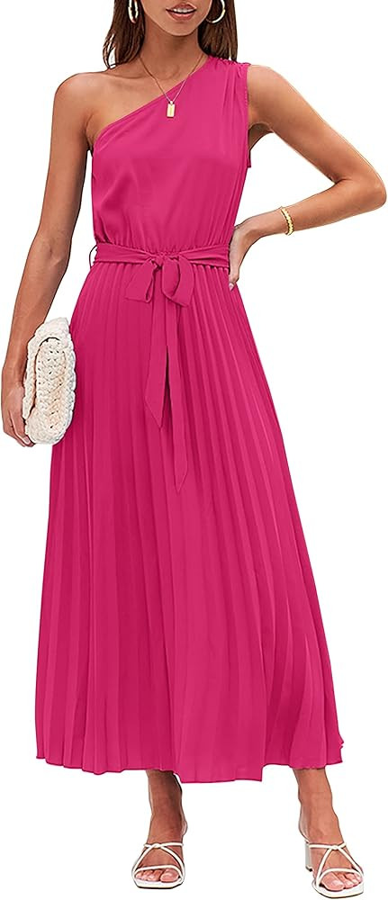 MEROKEETY Womens 2024 One Shoulder Sleeveless Pleated Tie Waist A Line Flowy Party Maxi Dress | Amazon (US)