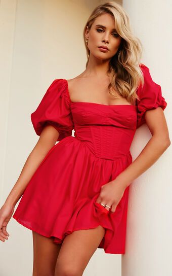 Souza Mini Dress - Fit and Flare Puff Sleeve Corset Dress in Red | Showpo (US, UK & Europe)