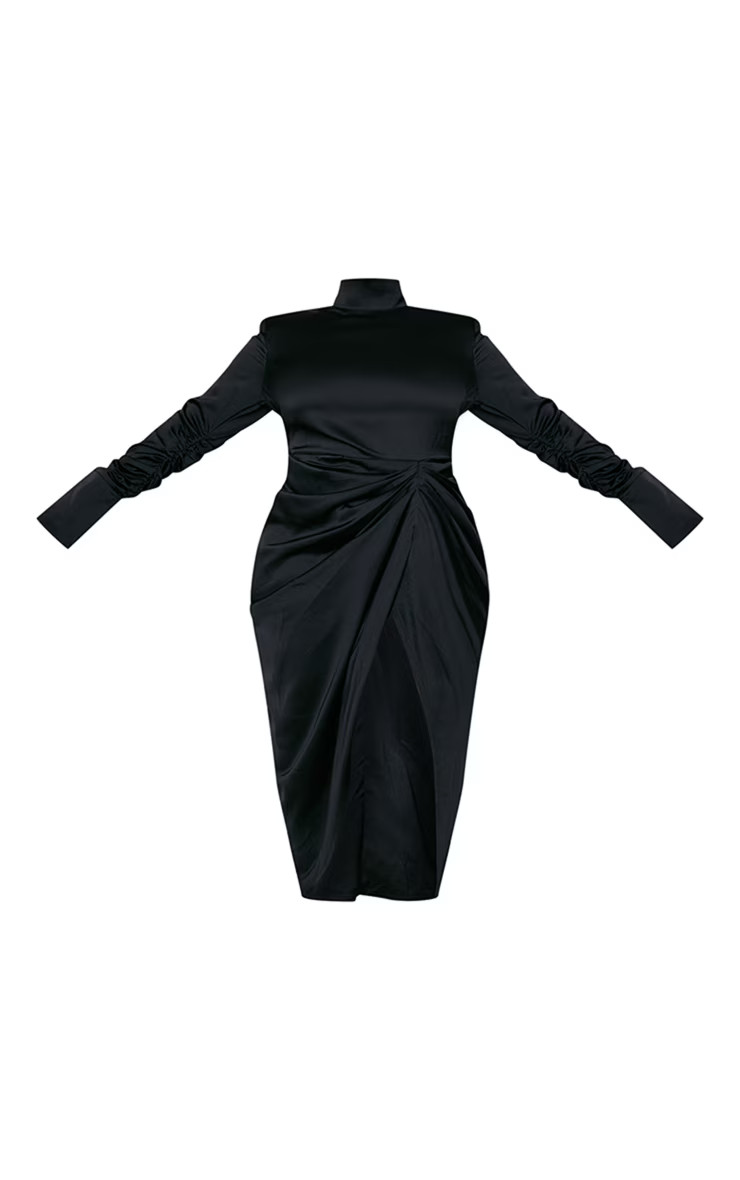 Plus Black Satin High Neck Draped Midi Dress | PrettyLittleThing US