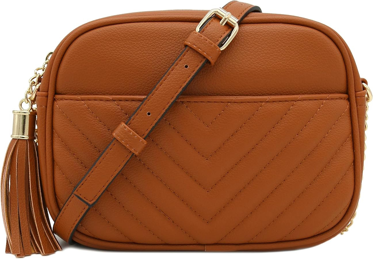 FashionPuzzle Chevron Quilted Crossbody Camera Bag with Chain Strap and Tassel | Amazon (US)