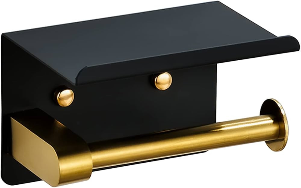 POOVIYER Toilet Paper Holder, Black Gold Toilet Paper Holder with Phone Shelf, 304 Stainless Stee... | Amazon (US)