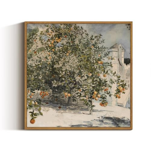 VIYYIEA Vintage Square Framed Wall Art, Orange Trees and Gate Vintage Art Decor Room Aesthetic, 16x16 Inch Canvas Print Art, Farmhouse Still Life Painting Wall Decor for Bedroom Bathroom Office | Amazon (US)