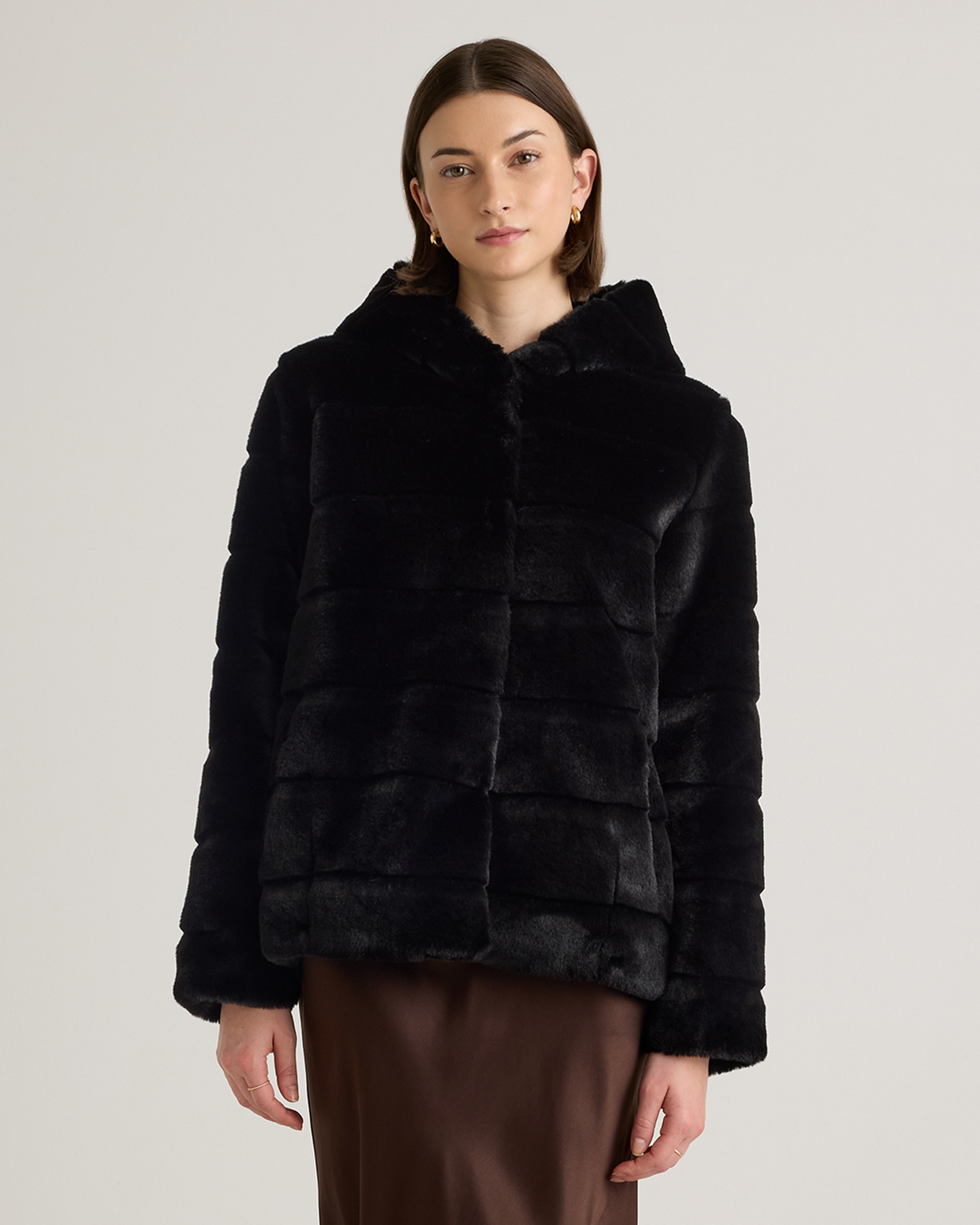 Quince | Women's Hooded Faux Fur Jacket in Black, Size XS, Recycled Polyester | Quince