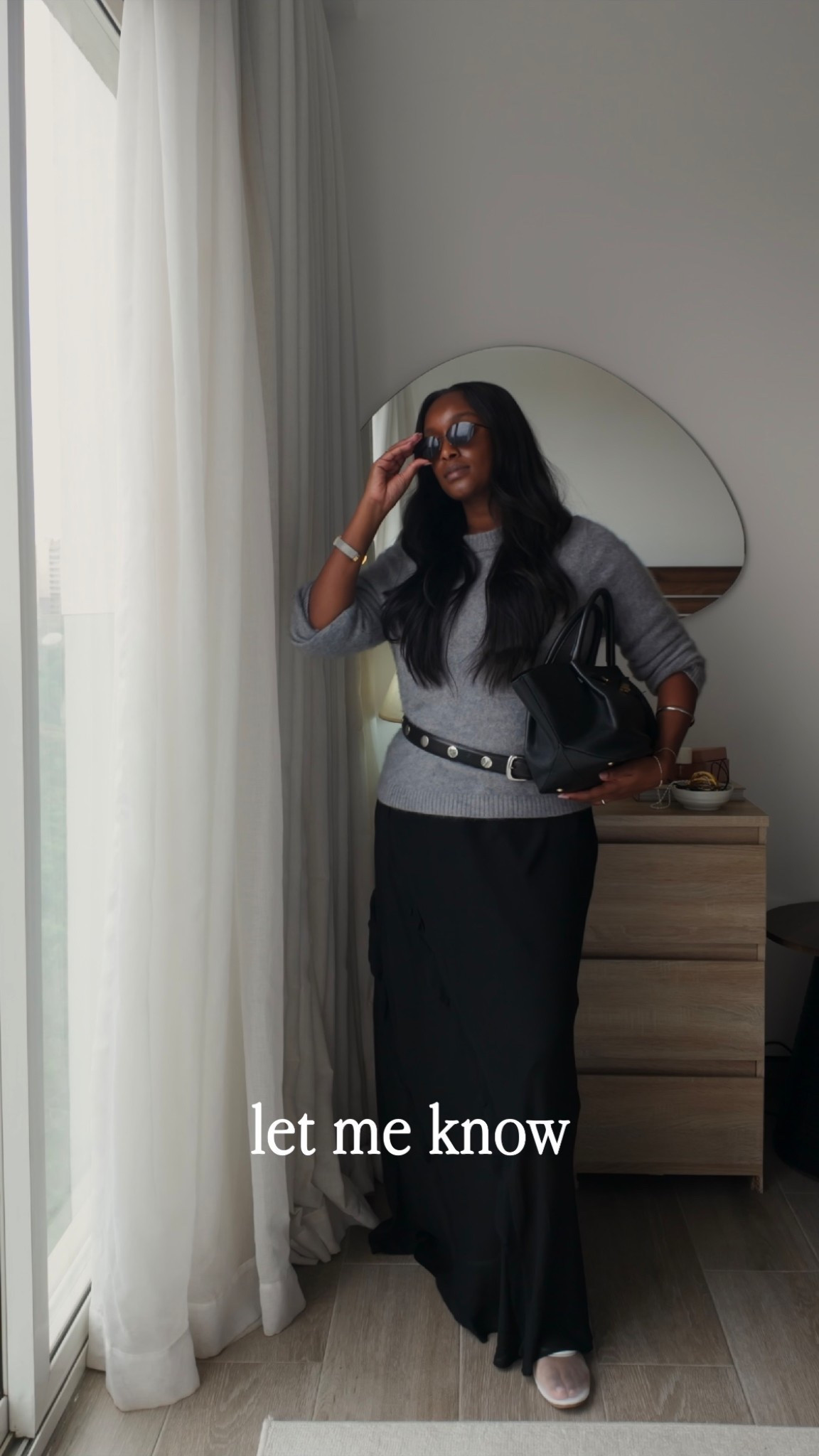 Styling sheer skirt / sheer dress with grey cashmere jumper and studded belt with Demellier New York Tote the perfect transitional outfit for prefall #prefall 

#LTKuk #LTKmodest #LTKmidsize