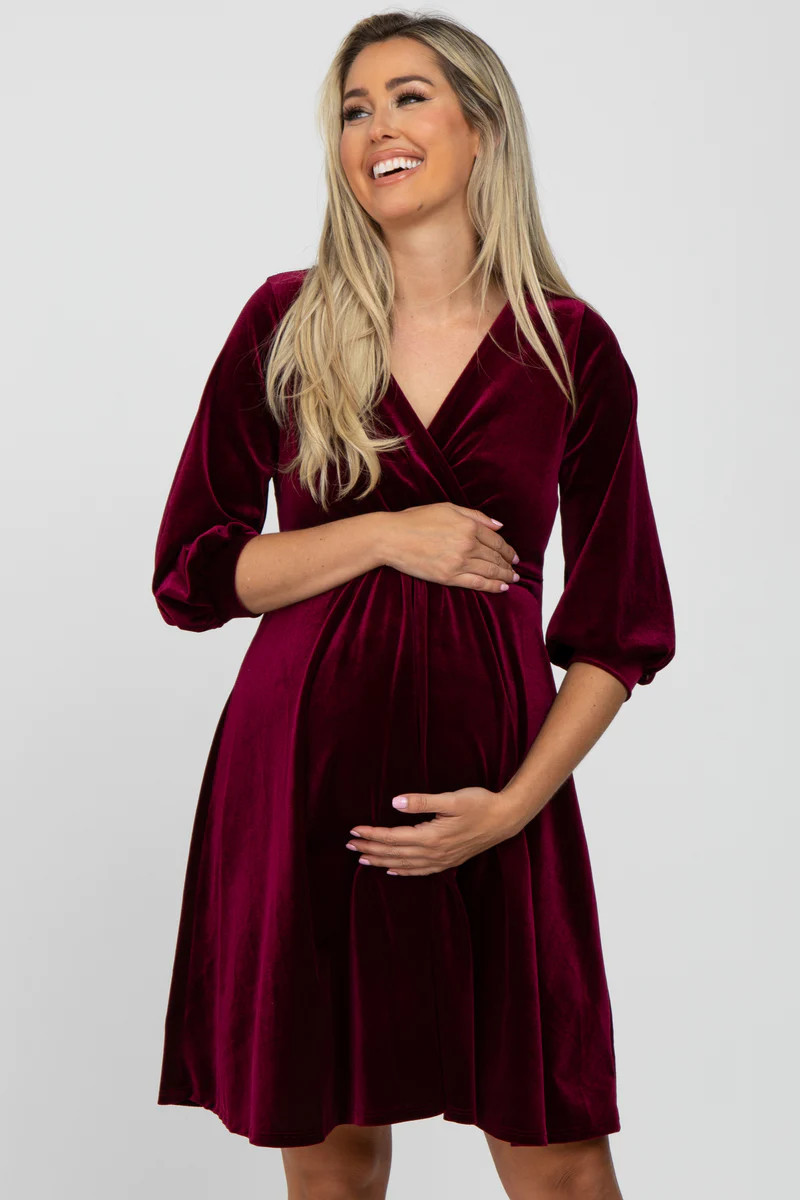 Burgundy Velvet Wrap Front Babydoll Maternity Dress | PinkBlush Maternity