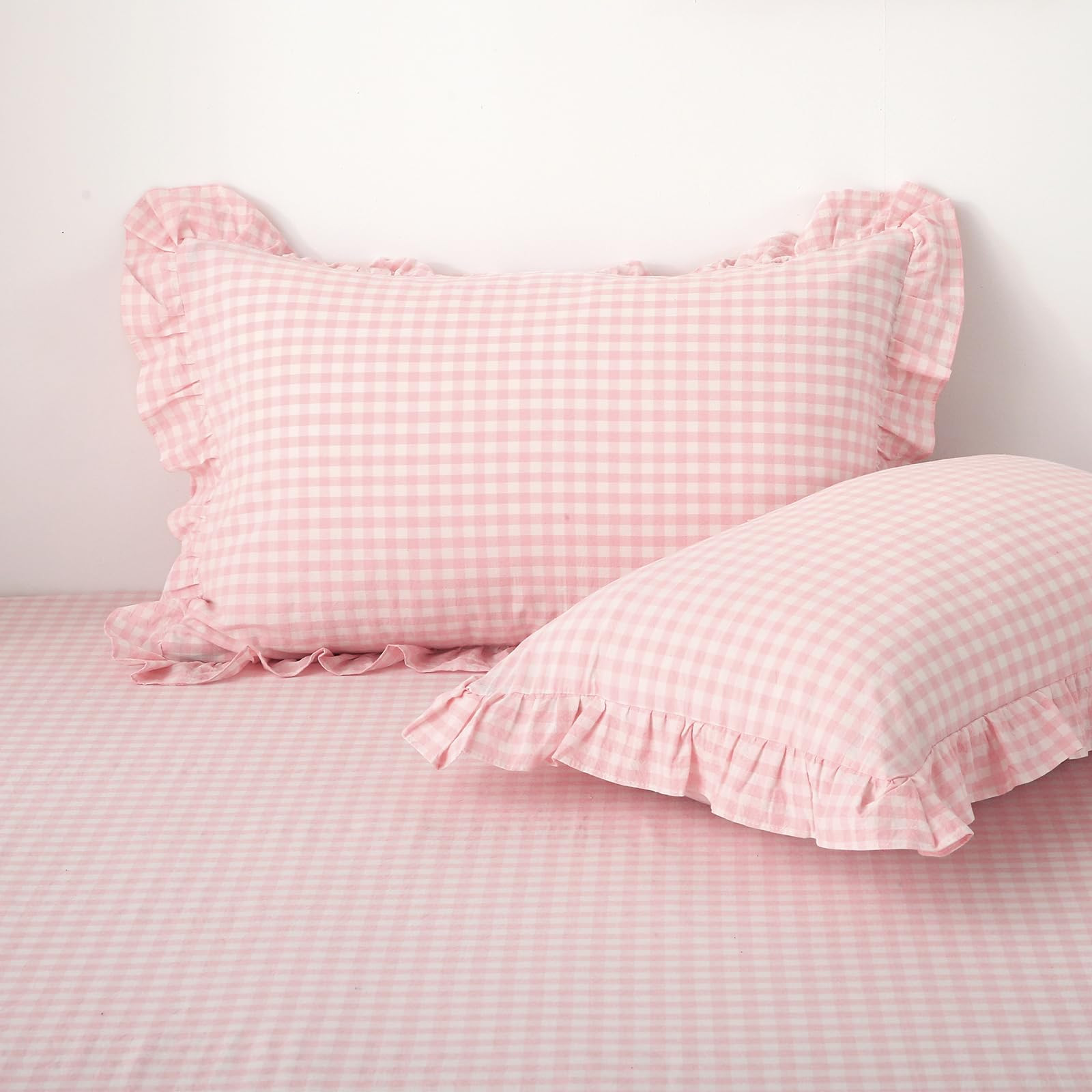 2 Pack Blush White Plaid Ruffle Gingham Pillow Shams Standard Size 20x26 inches, 100% Cotton Chec... | Amazon (US)