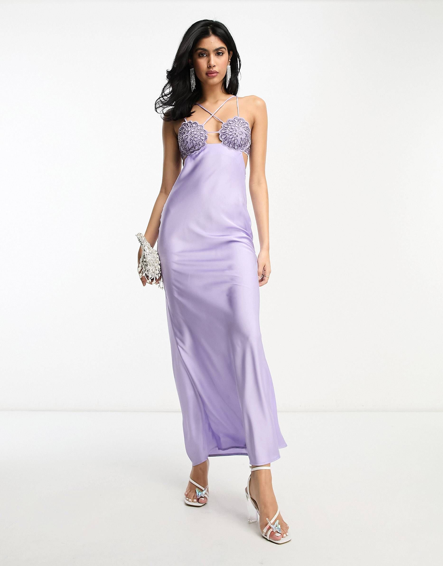 ASOS DESIGN embellished crochet cut out satin midi dress in purple | ASOS | ASOS (Global)