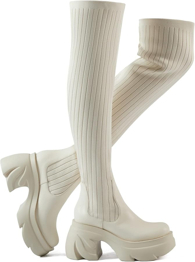 Shoe'N Tale Thigh High Boots Round Toe Mid Chunky Heel Stretch Over the Knee Boots for Women | Amazon (US)