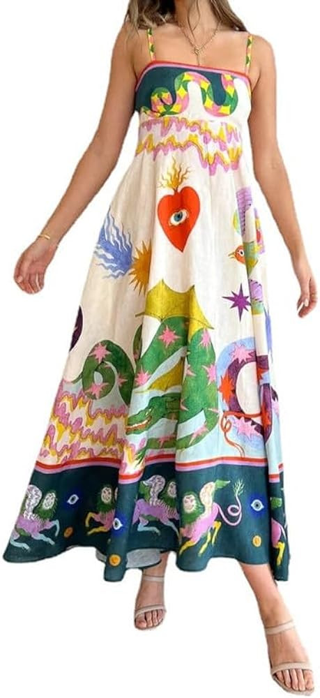 NUFIWI Women Boho Graffiti Cami Long Dress Graphic Spaghetti Strap Flowy Swing Maxi Dress Square ... | Amazon (US)