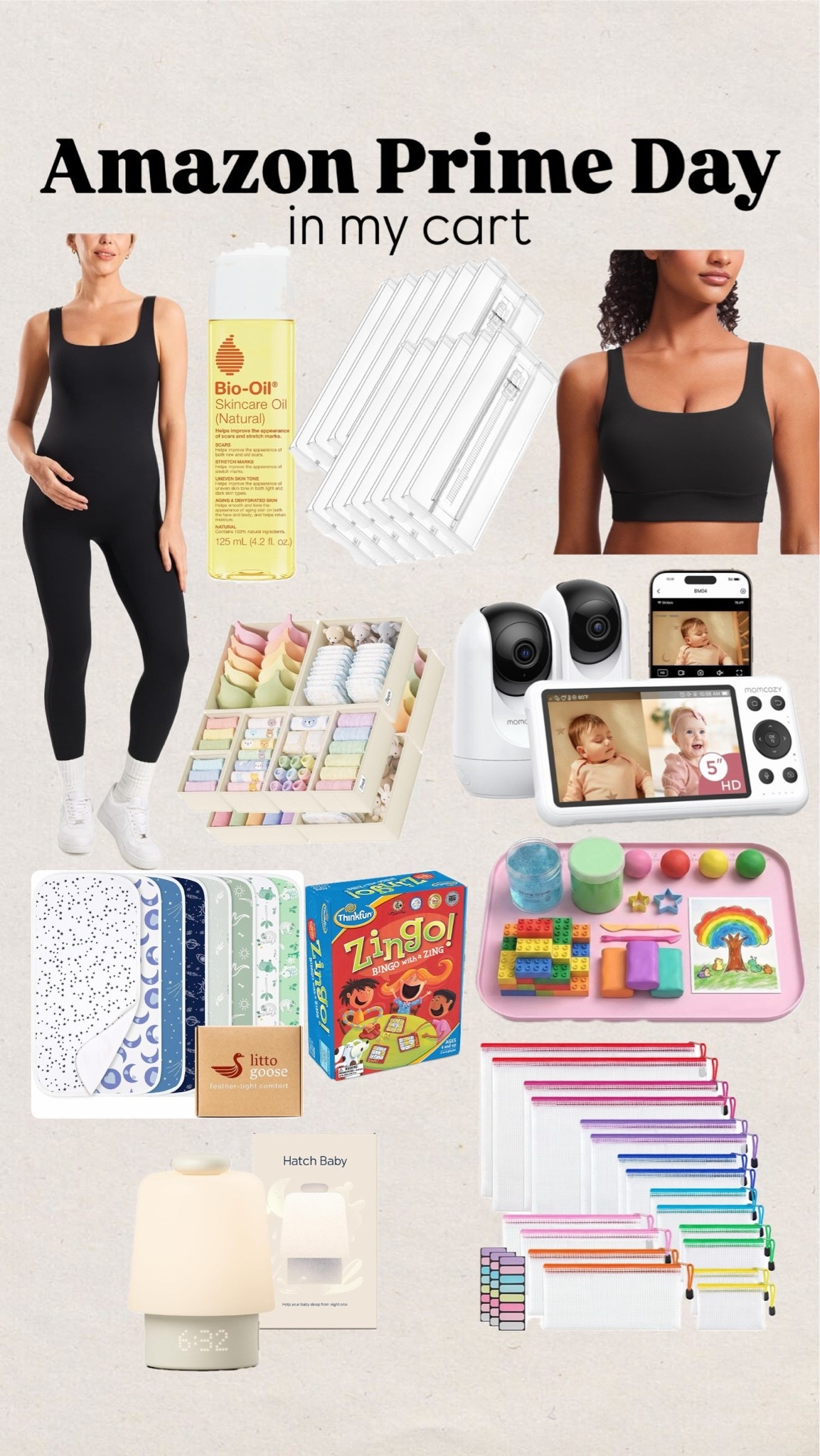 Amazon prime day
Leggings
Maternity clothes
Sports bra
Storage bags
Toy storage
Hatch sound machine 
Burp cloths
Baby monitor
