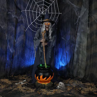Haunted Living 6-ft Witch with Cauldron Motion Activated Lighted Animatronic | Lowe's